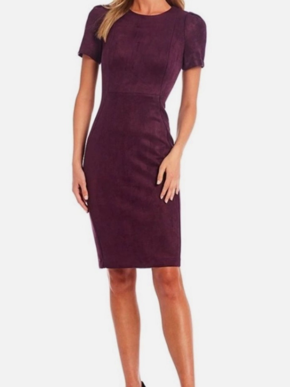 Calvin Klein Purple Flutter Sleeve Tulip Fitted Midi Dress Office Vegan Suede